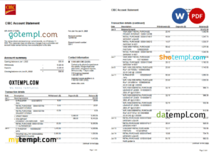 editable template, USA CIBC bank statement, Word and PDF template, 4 pages