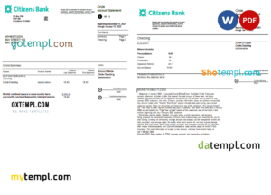 editable template, USA Citizens bank statement, Word and PDF template, 4 pages