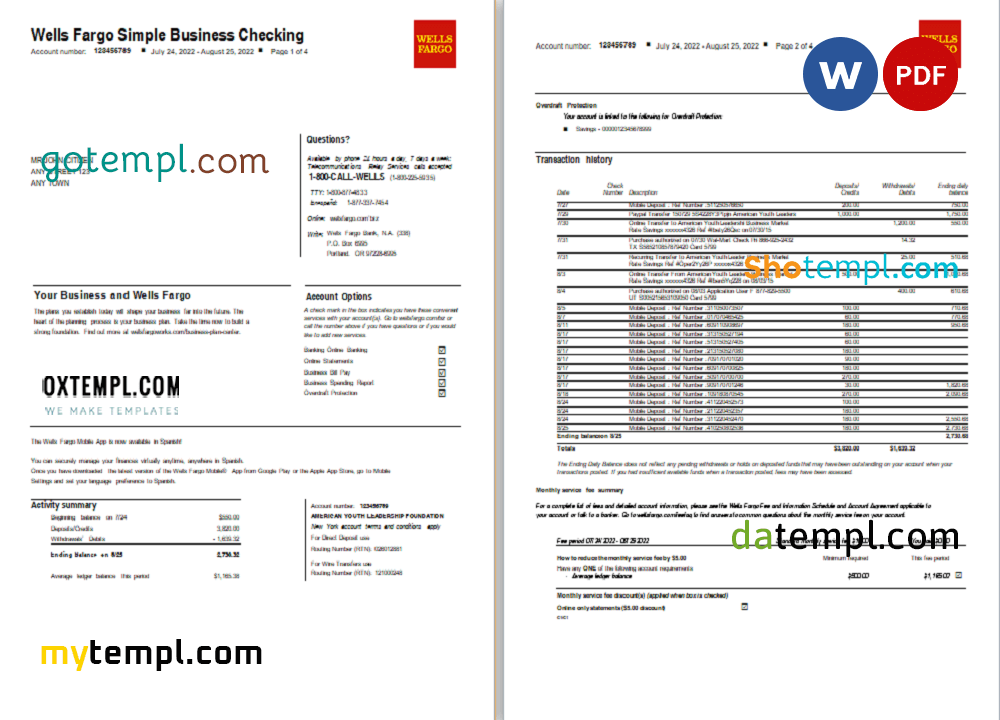 editable template, USA Wells Fargo Bank Simple Business Checking bank statement, Word and PDF template, 4 pages