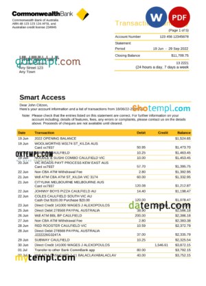 editable template, Australia Commonwealth bank statement, Word and PDF template, 5 pages