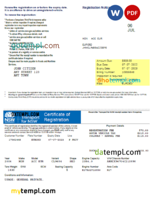 editable template, Australia Transport for NSW Registration certificate, Word and PDF template