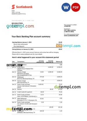 editable template, Australia Scotiabank bank statement, Word and PDF template, 2 pages