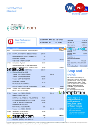 editable template, United Kingdom Nationwide bank statement, Word and PDF template, 5 pages, version 2