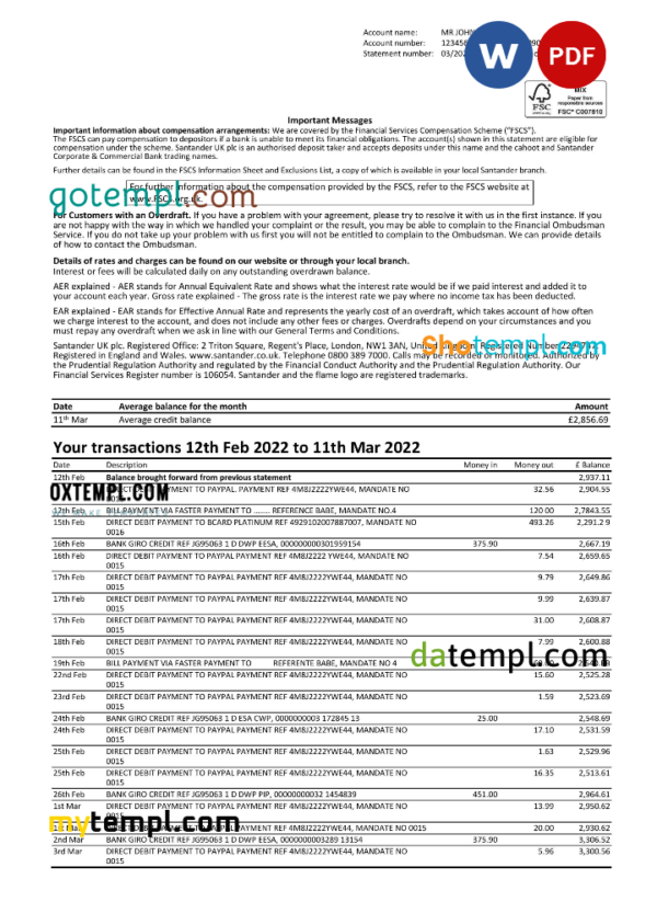 editable template, United Kingdom Santander bank statement, Word and PDF template, 3 pages