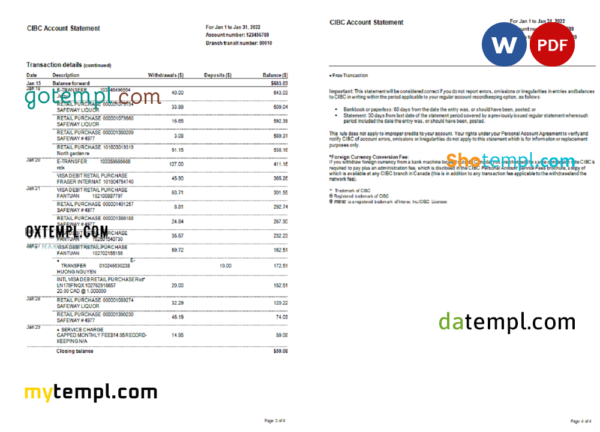 editable template, USA CIBC bank statement, Word and PDF template, 4 pages