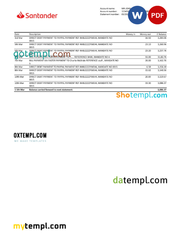 editable template, United Kingdom Santander bank statement, Word and PDF template, 3 pages