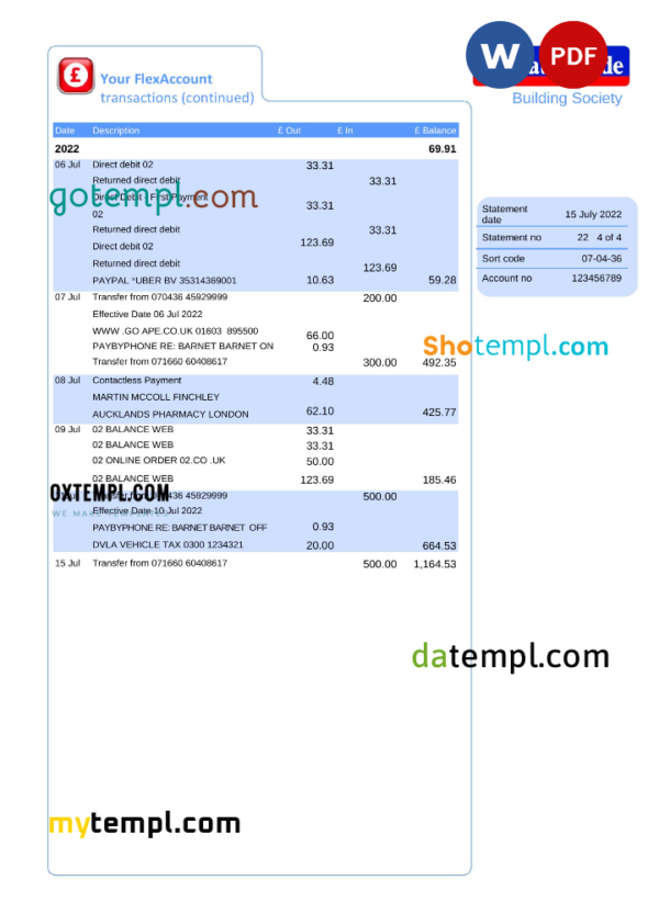 editable template, United Kingdom Nationwide bank statement, Word and PDF template, 5 pages, version 2