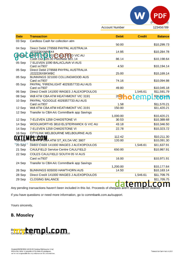 editable template, Australia Commonwealth bank statement, Word and PDF template, 5 pages