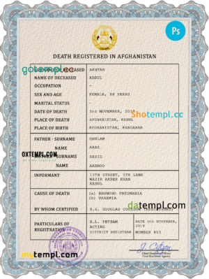 editable template, Afghanistan vital record death certificate PSD template