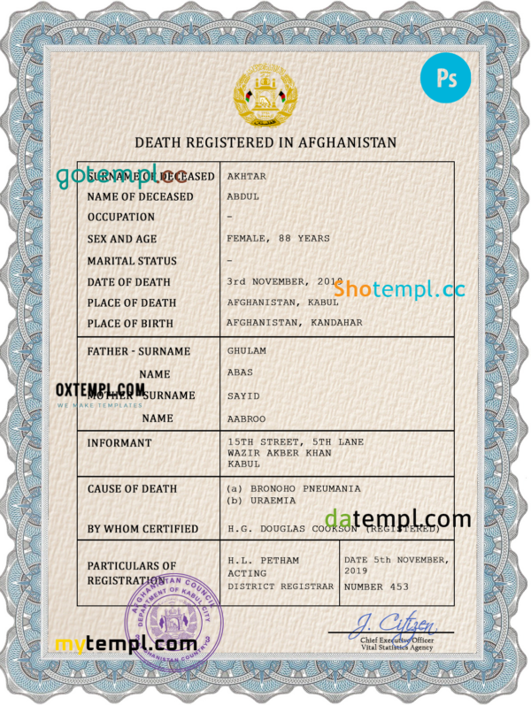 editable template, Afghanistan vital record death certificate PSD template