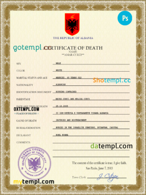 editable template, Albania death certificate PSD template, completely editable