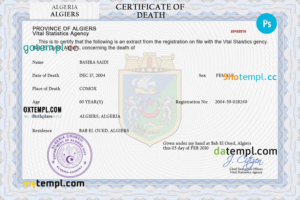 editable template, Algeria vital record death certificate PSD template, fully editable