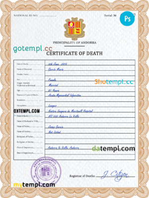 editable template, Andorra death certificate PSD template, completely editable