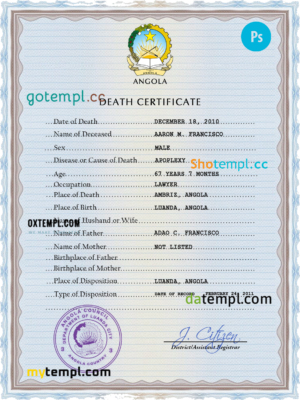 editable template, Angola vital record death certificate PSD template, completely editable