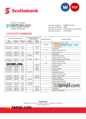 editable template, Antigua and Barbuda Scotiabank bank statement template in Word and PDF format