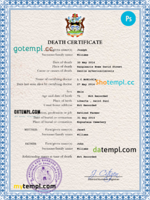 editable template, Antigua and Barbuda vital record death certificate PSD template