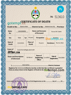 editable template, Argentina death certificate PSD template, completely editable