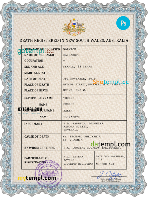 editable template, Australia vital record death certificate PSD template, fully editable