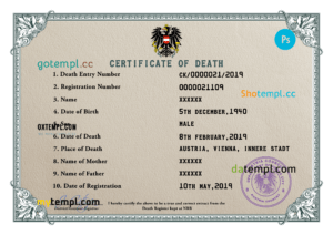 editable template, Austria death certificate PSD template, completely editable