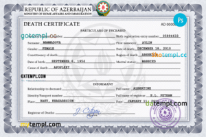 editable template, Azerbaijan vital record death certificate PSD template, completely editable