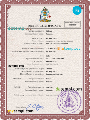 editable template, Bahamas vital record death certificate PSD template
