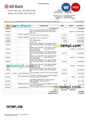 editable template, Bangladesh AB bank statement template, Word and PDF format