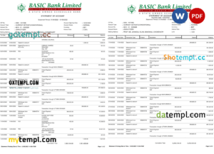 editable template, Bangladesh Basic bank statement Word and PDF template, 2 pages