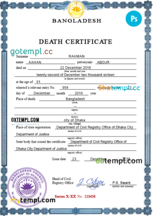 editable template, Bangladesh vital record death certificate PSD template, fully editable