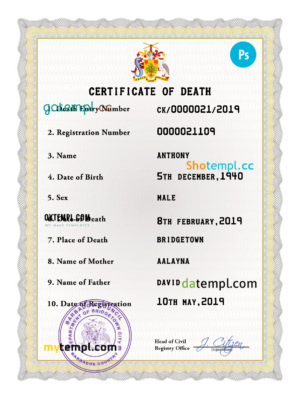 editable template, Barbados death certificate PSD template, completely editable