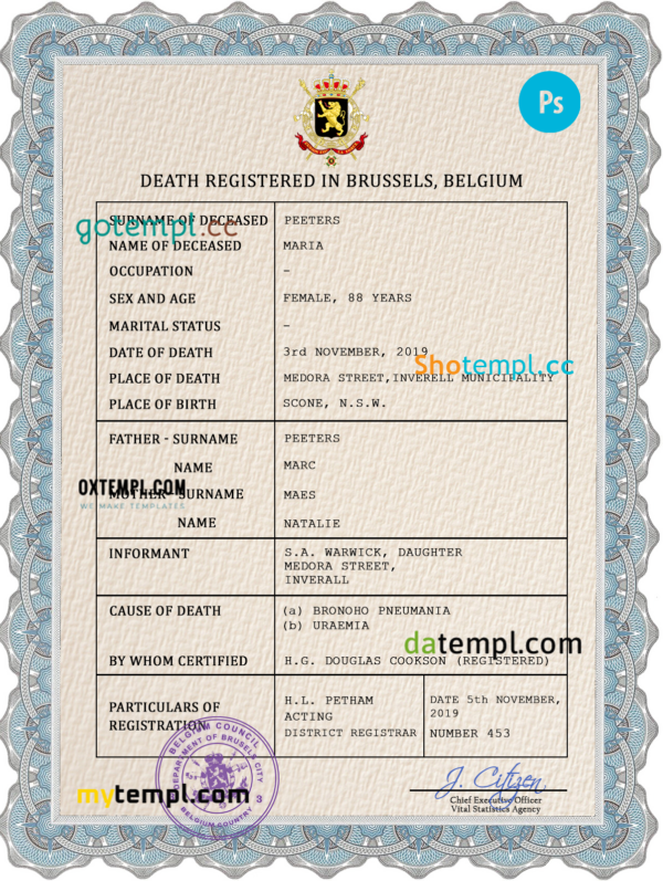 editable template, Belgium vital record death certificate PSD template