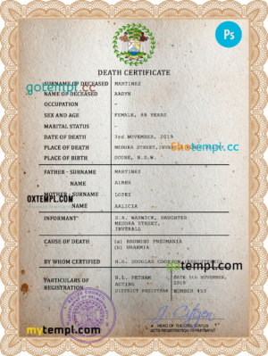 editable template, Belize death certificate PSD template, completely editable