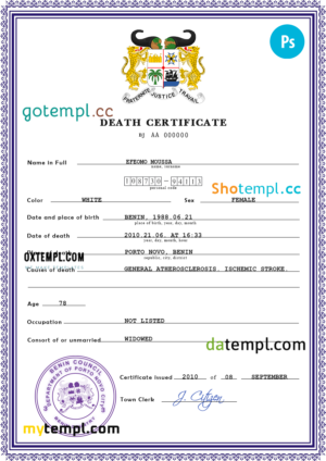 editable template, Benin vital record death certificate PSD template, fully editable