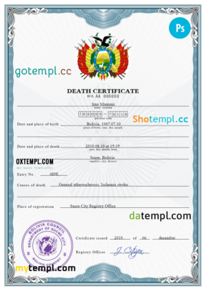 editable template, Bolivia death certificate PSD template, completely editable
