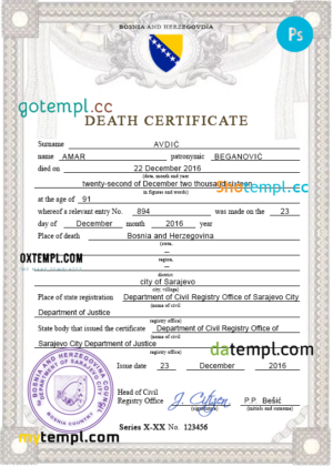 editable template, Bosnia and Herzegovina vital record death certificate PSD template, completely editable