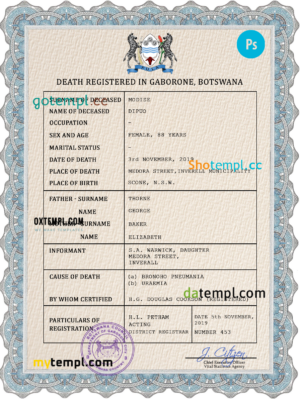 editable template, Botswana vital record death certificate PSD template
