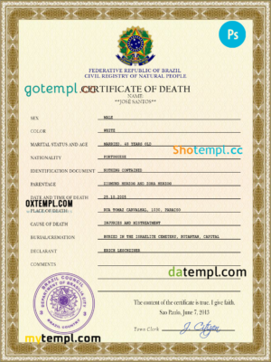 editable template, Brazil death certificate PSD template, completely editable