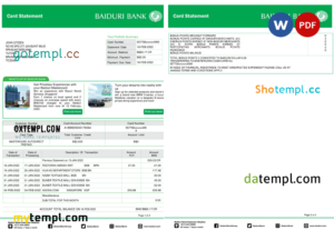 editable template, Brunei Baiduri bank card statement, Word and PDF template, 4 pages