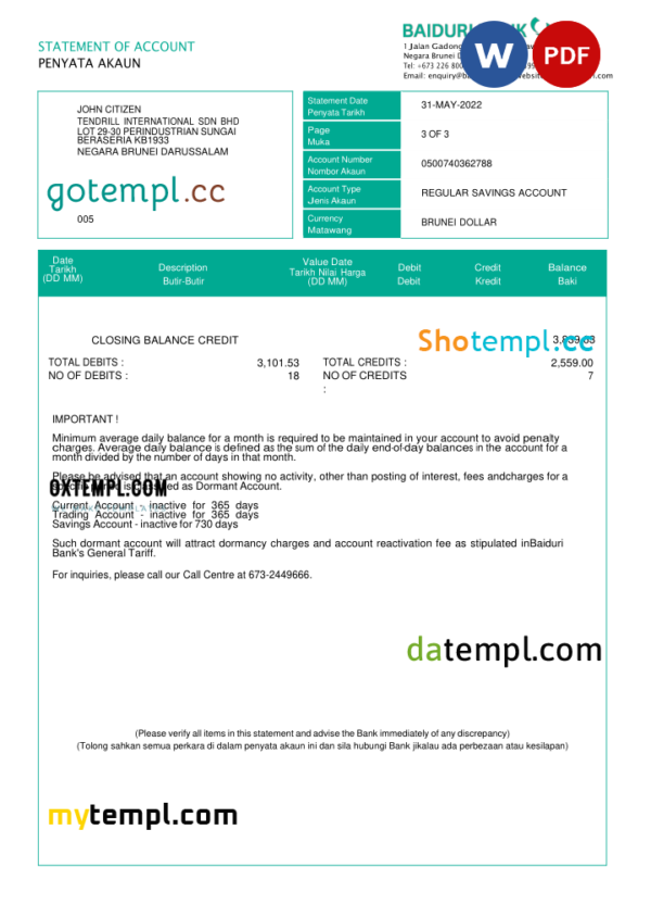 editable template, Brunei Baiduri bank statement, Word and PDF template, 3 pages