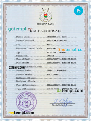 editable template, Burkina Faso vital record death certificate PSD template, completely editable