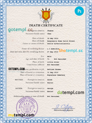 editable template, Burundi vital record death certificate PSD template