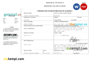 editable template, Kenya certificate of registration of schools .doc and .pdf template
