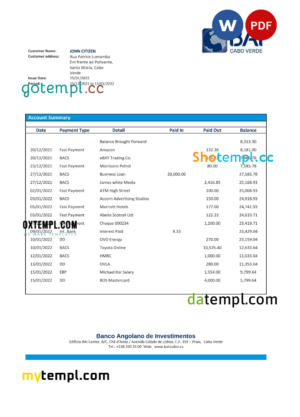 editable template, Cabo Verde Banco Africano de Investimento bank statement Word and PDF template