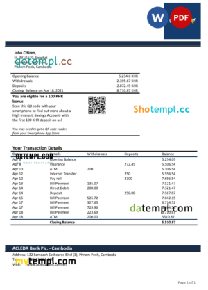 editable template, Cambodia Acleda bank statement Word and PDF template