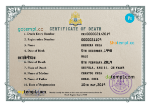 editable template, Cambodia vital record death certificate PSD template