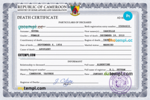 editable template, Cameroon death certificate PSD template, completely editable