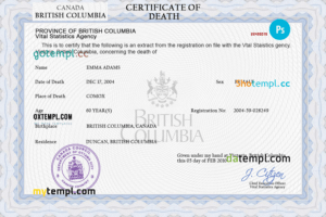 editable template, Canada vital record death certificate PSD template, fully editable