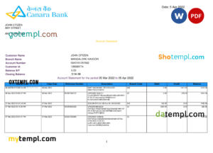 editable template, India Canara bank statement Word and PDF template, 5 pages