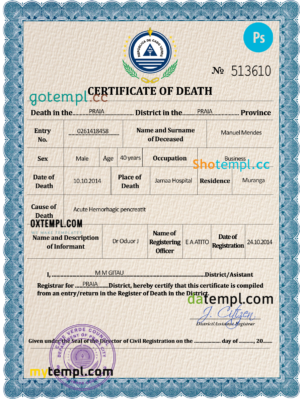 editable template, Cabo Verde death certificate PSD template, completely editable