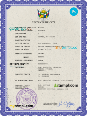 editable template, Central African Republic death certificate PSD template, completely editable