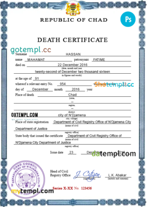 editable template, Chad vital record death certificate PSD template, completely editable